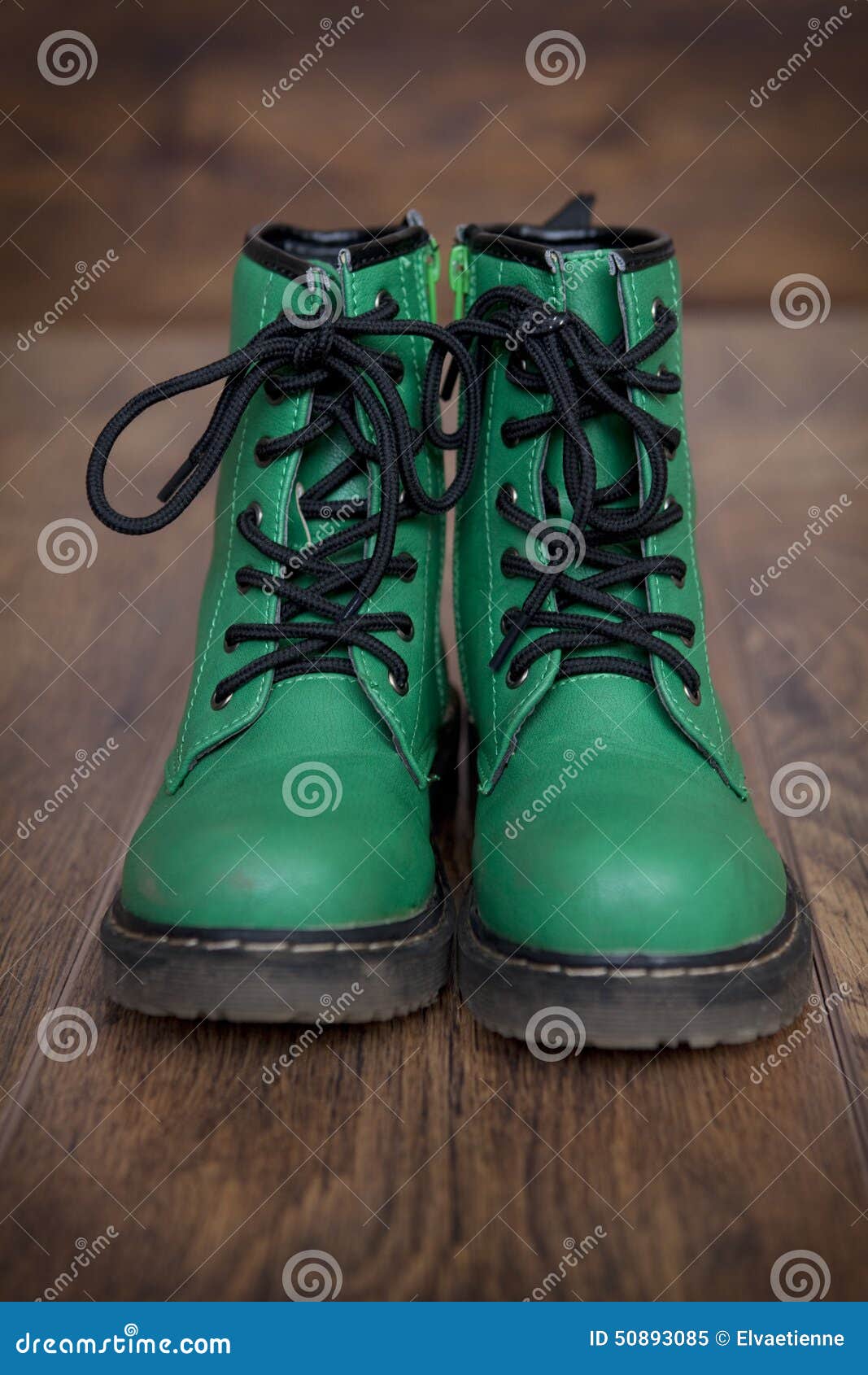 Pair Of Green Laceup Boots. Stock Image Image of wooden, green 50893085