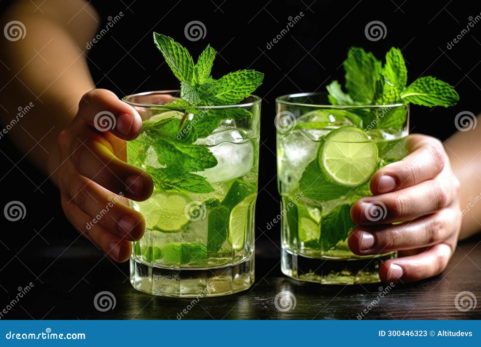 A Pair of Hands Squeezing Lime into a Mojito Cocktail Stock Image