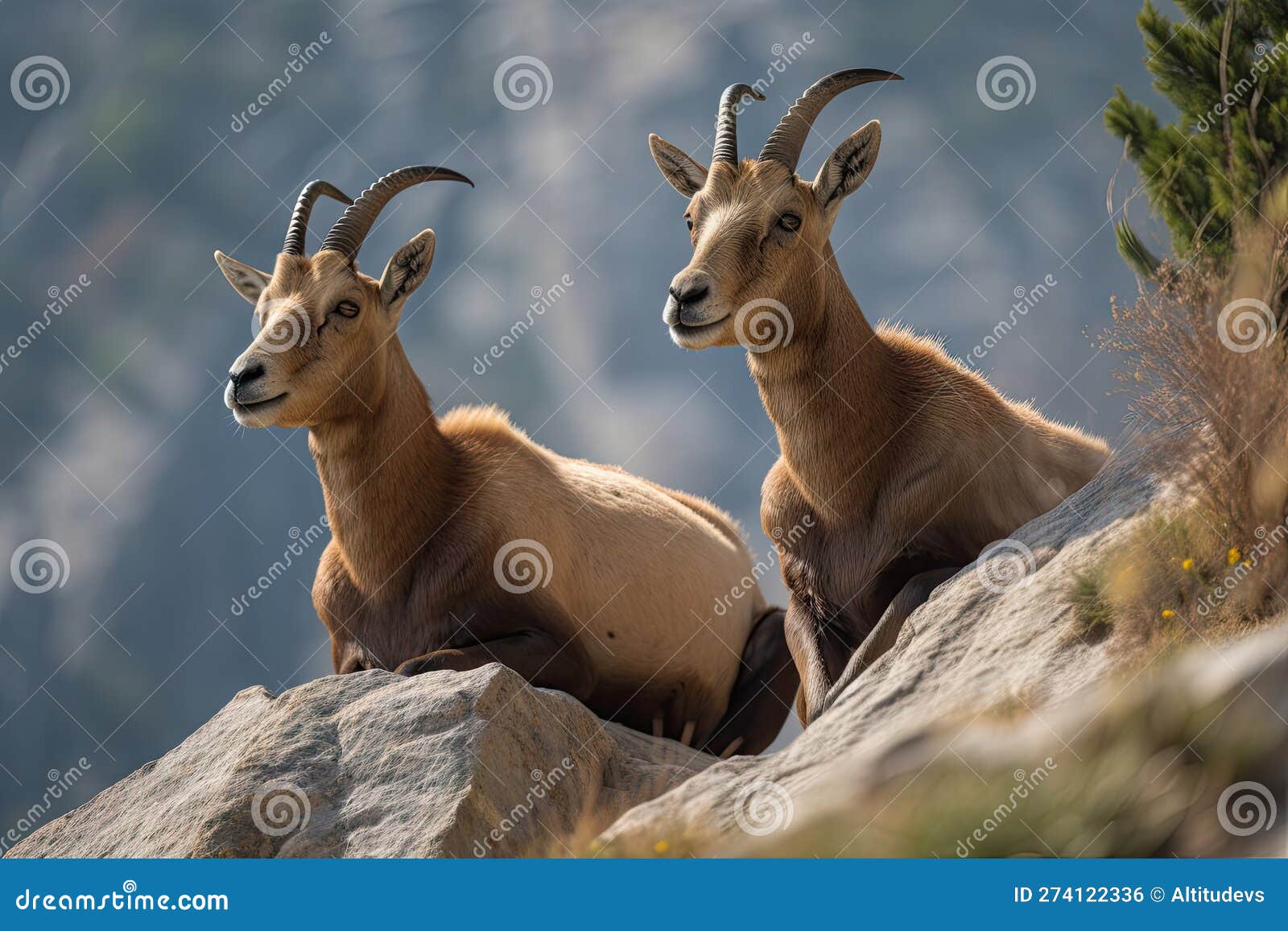 pair of ibex perched on a cliffside, with their hoofs and horns in full view