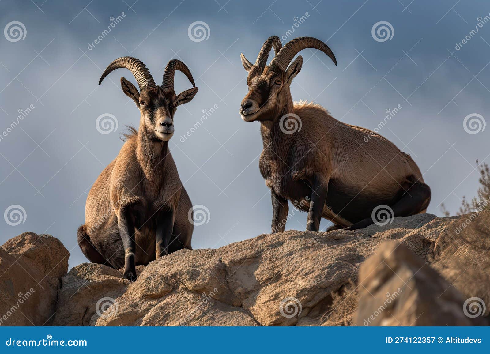 pair of ibex perched on a cliffside, with their hoofs and horns in full view