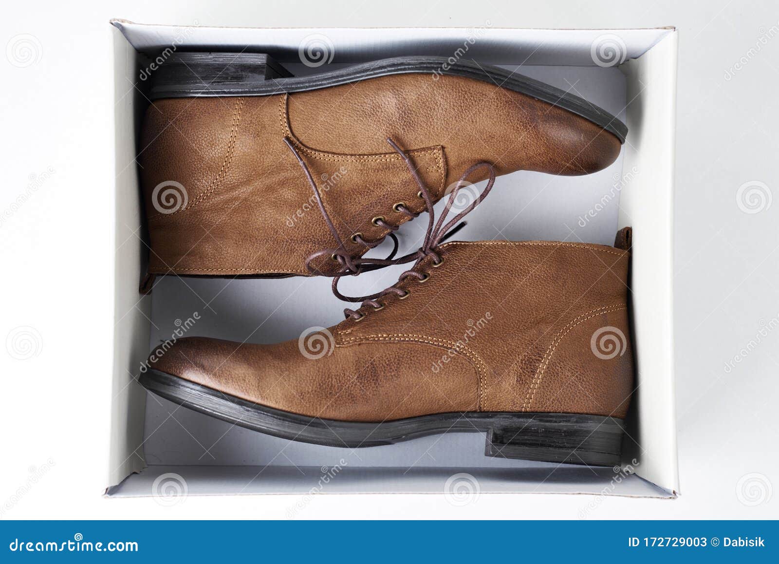 Pair of New Brown Leather Womens Boots in Open Box on the White ...