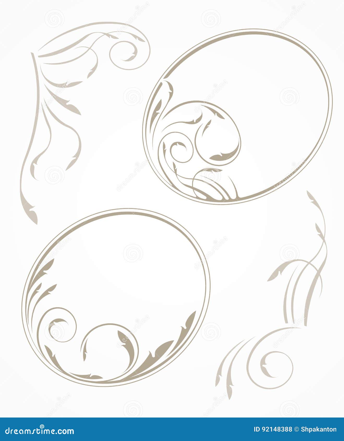 Pair of Oval Outline Frame and Decorative Corner Elements. Stock Vector