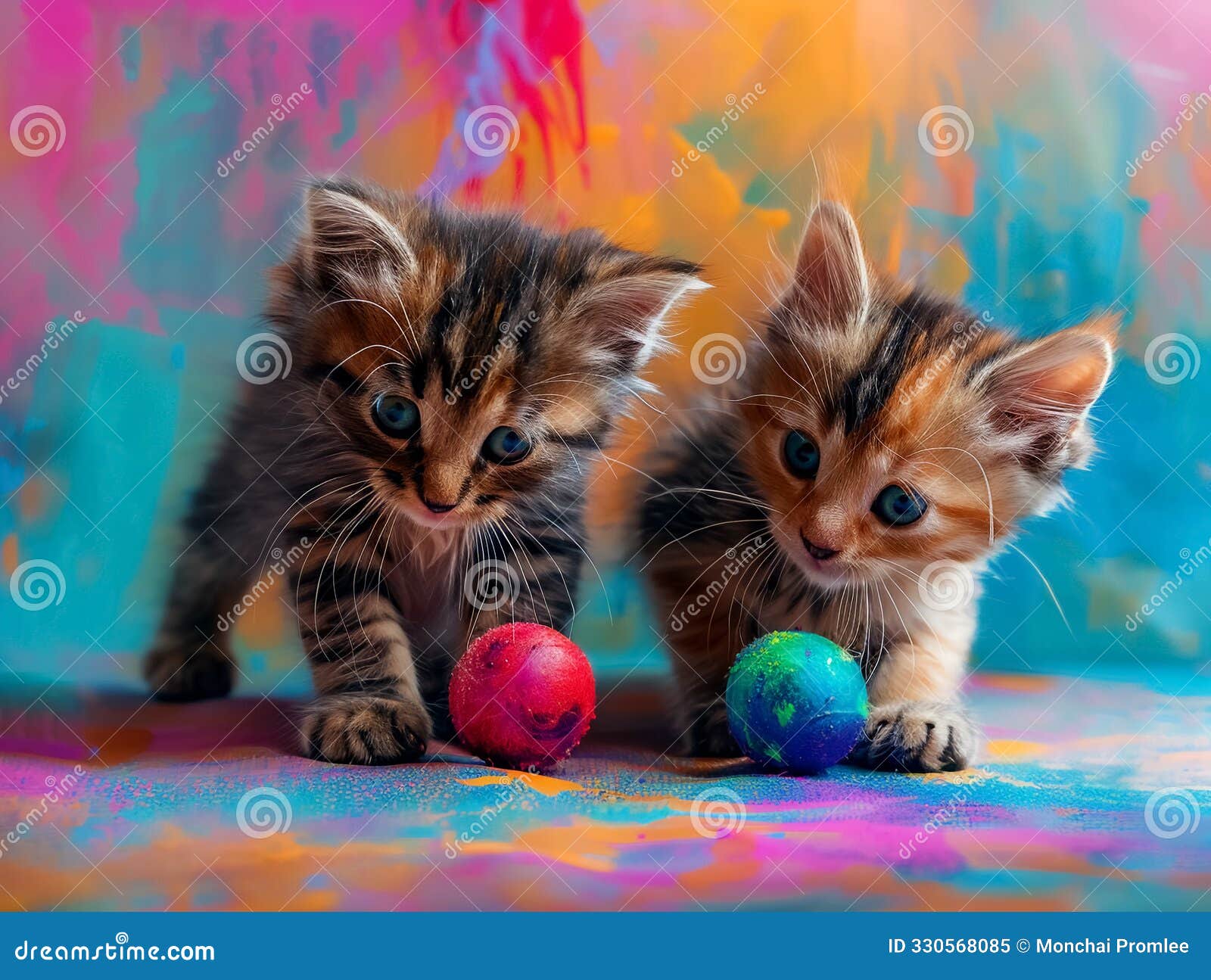 pair of playful kittens with blue eyes, interacting with colorful balls on a vibrant background, capturing innocence and joy