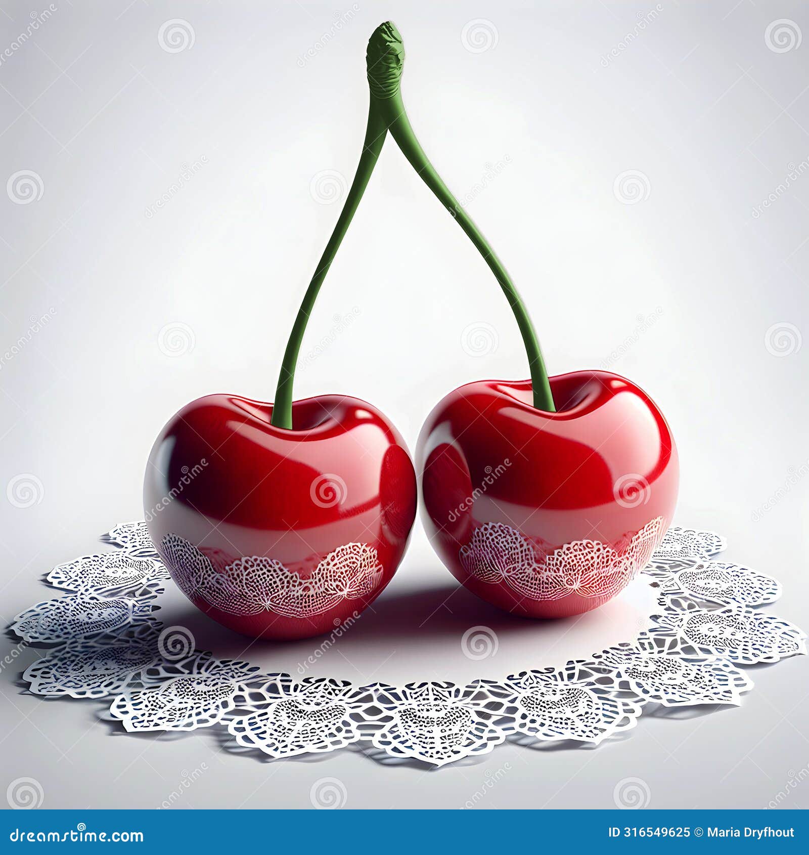 pair of red cherries on lace doily