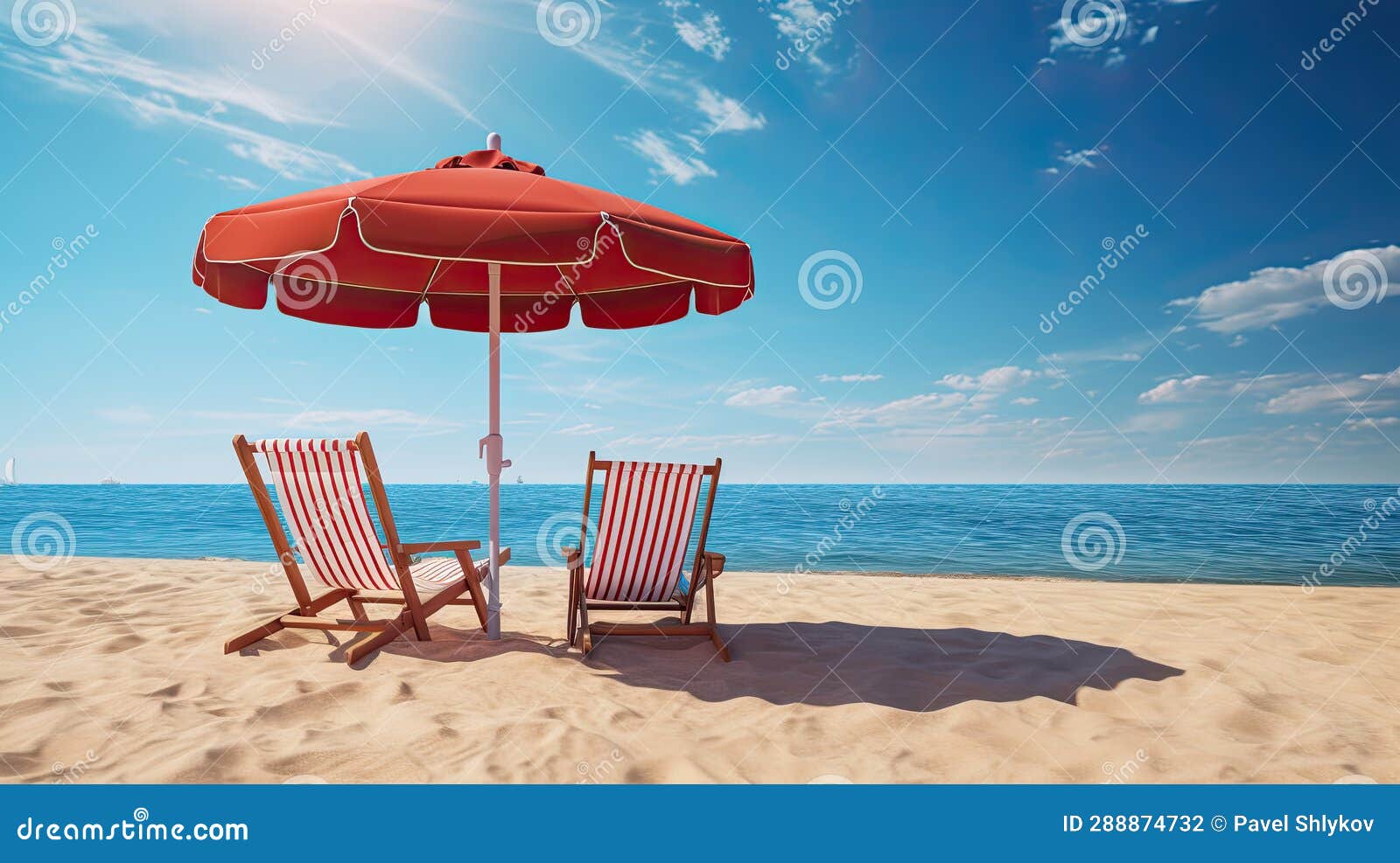 Pair of Red Sun Loungers and a Beach Umbrella on a Deserted Beach ...