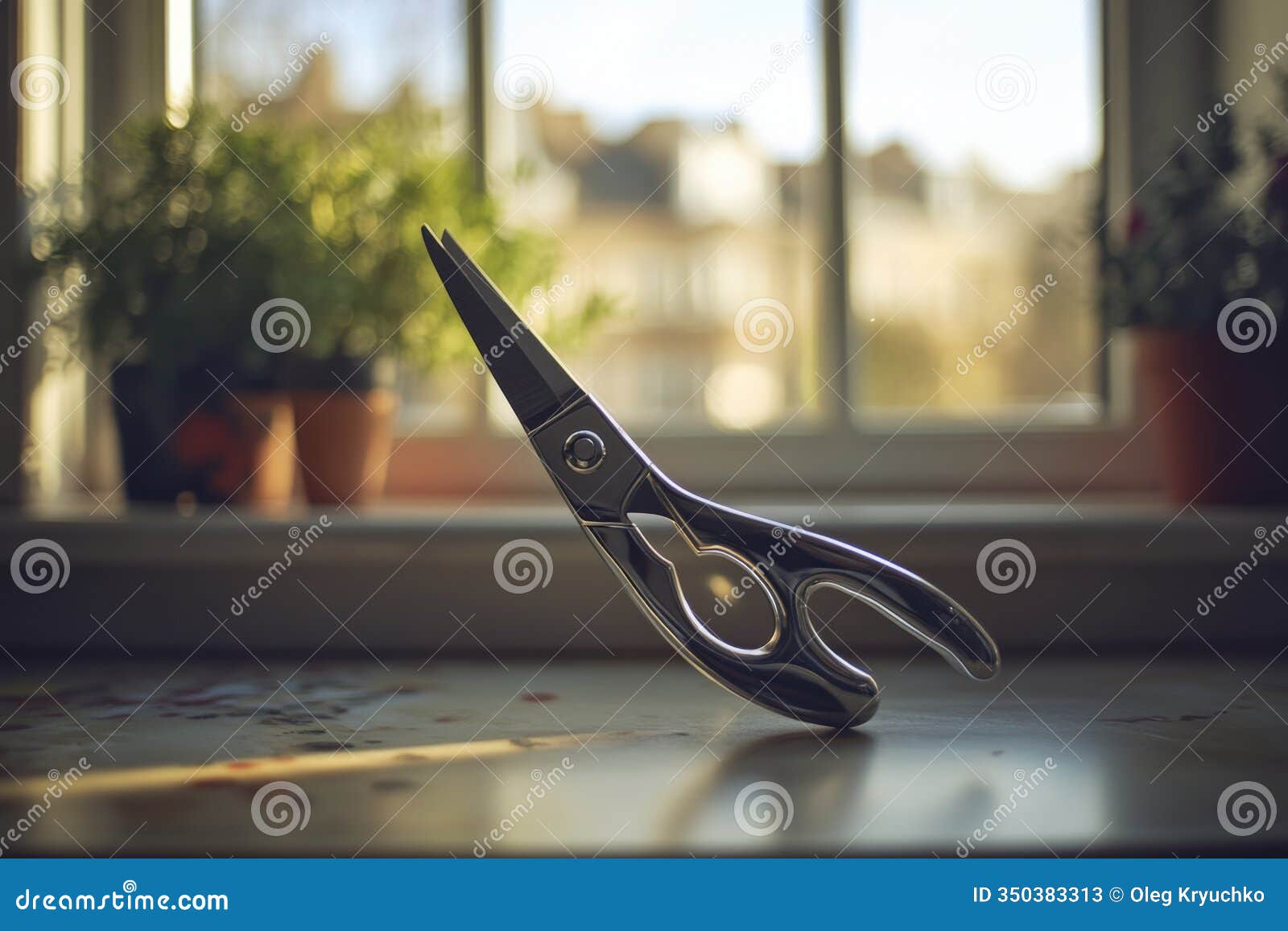 a pair of scissors elegantly positioned against a soft window backdrop. the sunlight highlights the sharp blades