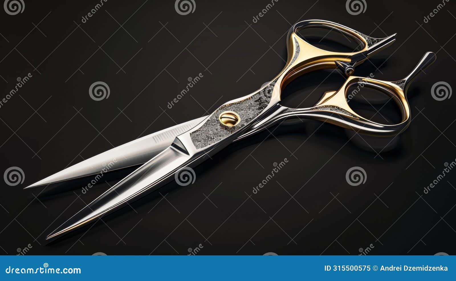 a pair of scissors with open blades in silver and gold metal. barber's stationery for haircutting, beauty salons, or