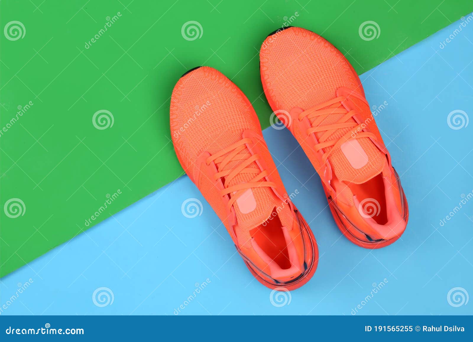 Pair of Sport Shoes on Colorful Background. Copy Space.Overhead Shot of ...