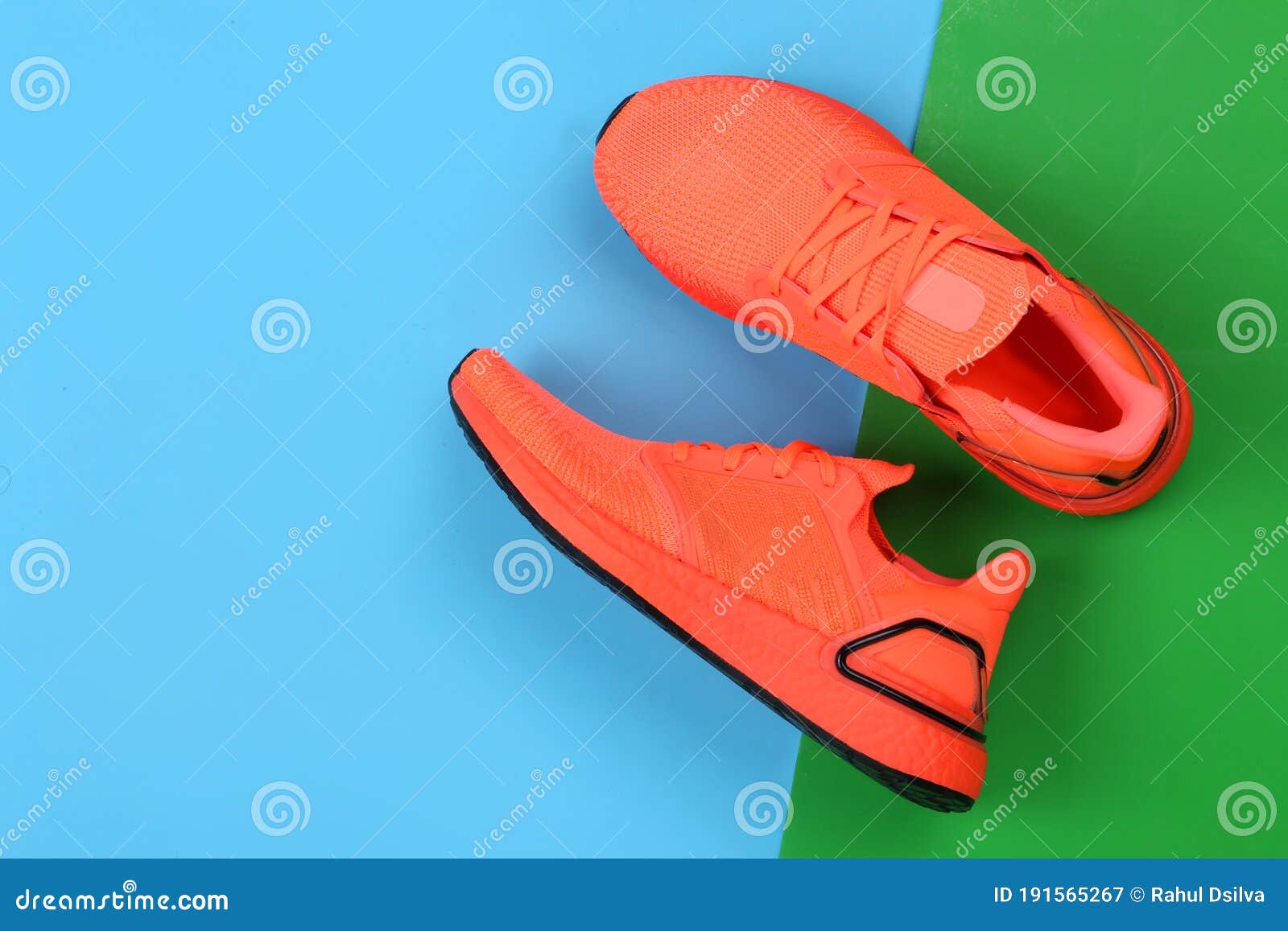 Pair of Sport Shoes on Colorful Background. Copy Space.Overhead Shot of ...