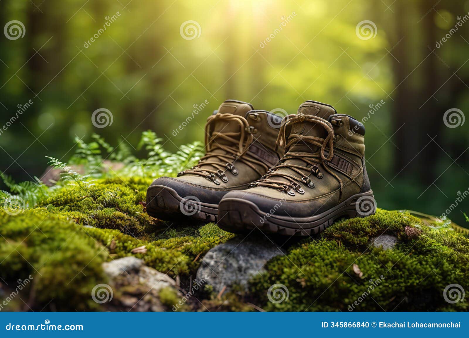 pair of touristic boots resting on lush moss in the wilderness - adventure and exploration concept. created with generative ai