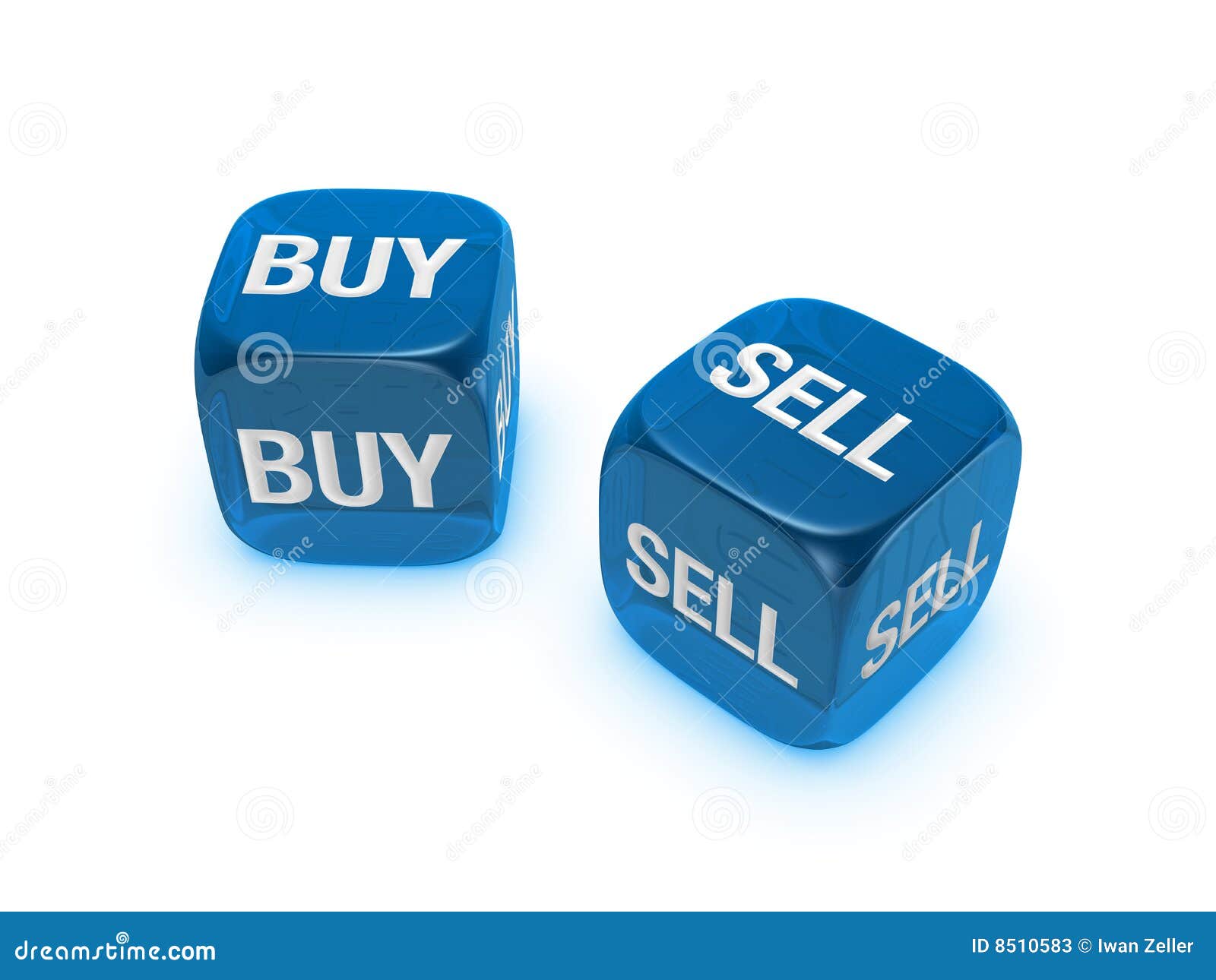 pair of translucent blue dice with buy, sell sign