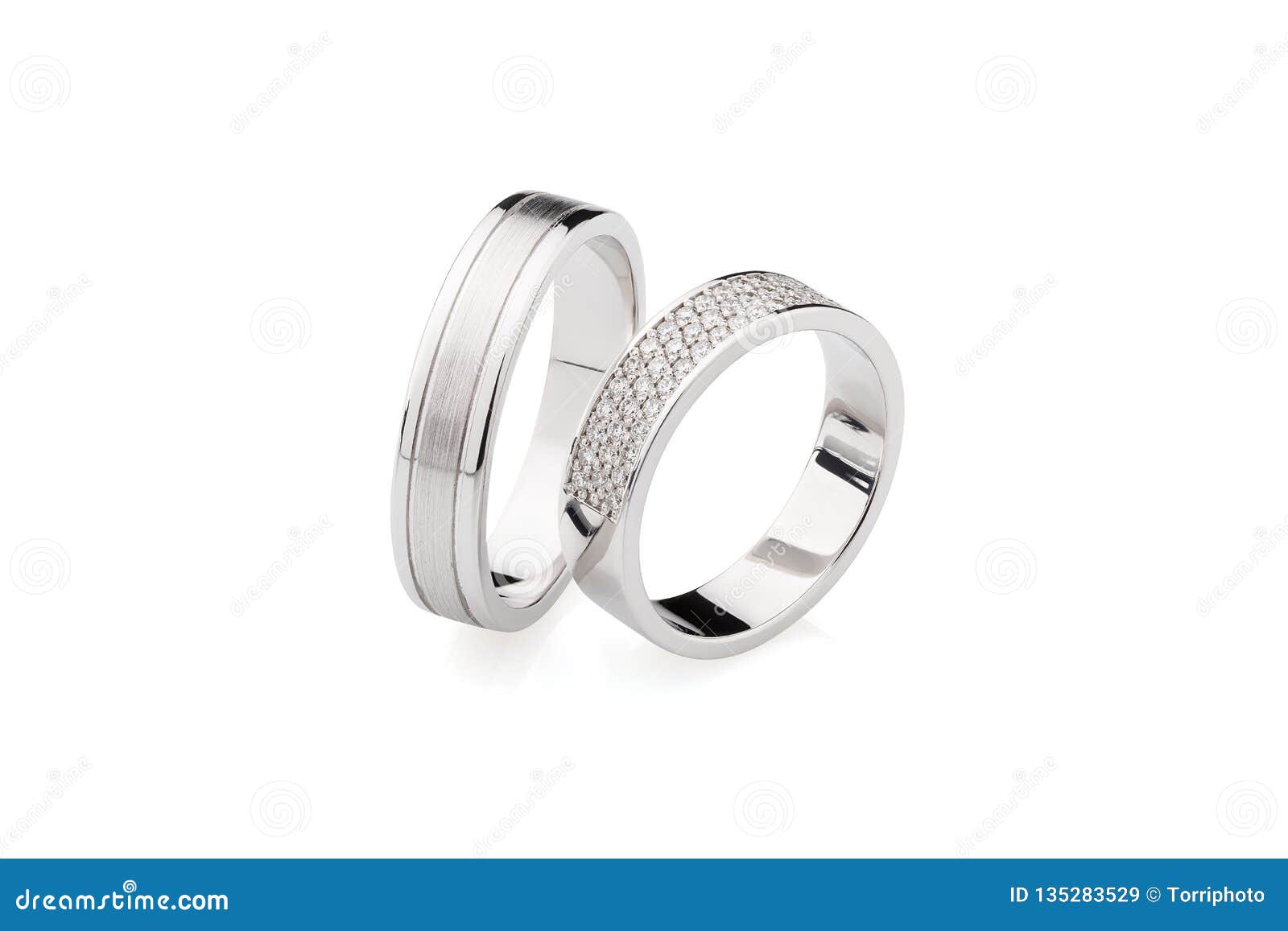 Pair of White Gold Wedding Rings with Diamonds Isolated on White ...