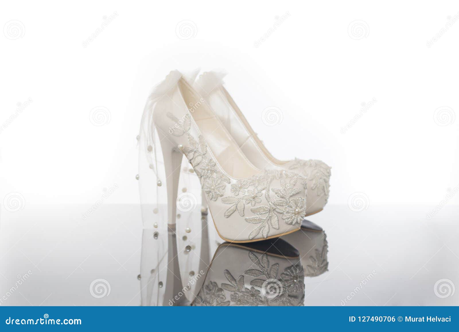 Pair of White Pearls and Lacy High Pointed Heels Platform Bridal Shoes ...