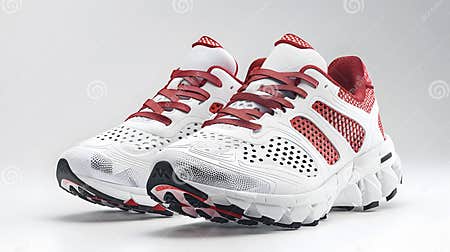 Pair of White and Red Athletic Sneakers on White Surface Stock Image ...