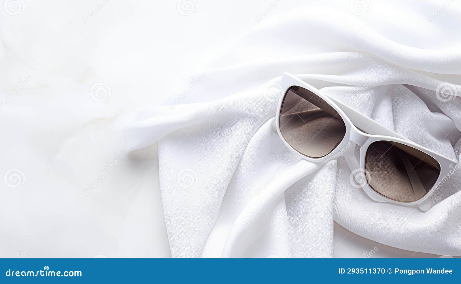 a pair of white sunglasses on a white fabric background, creating a minimalist and elegant image. the sunglasses have a