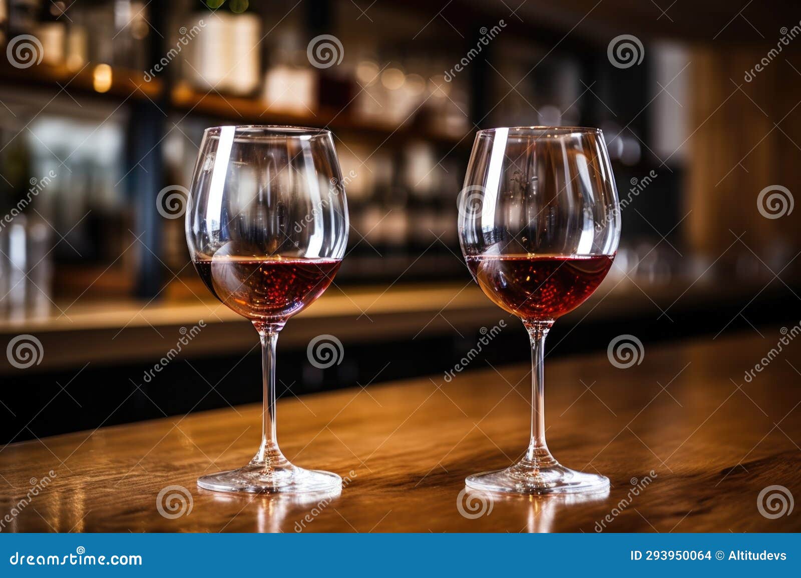 Pair of Wine Glasses Filled with Red Wine on a Bar Counter Stock