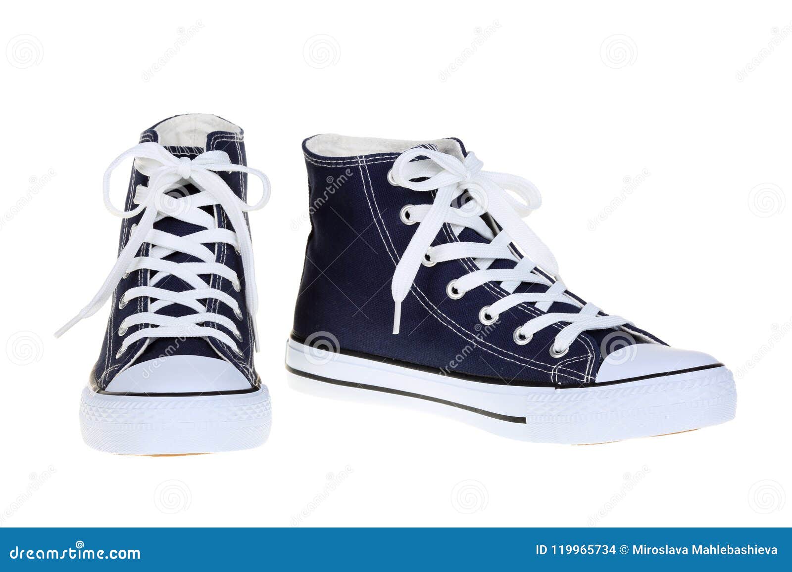 Pair of Womens High Top Lace Up Dark Navy Blue Sneakers Isolated on ...