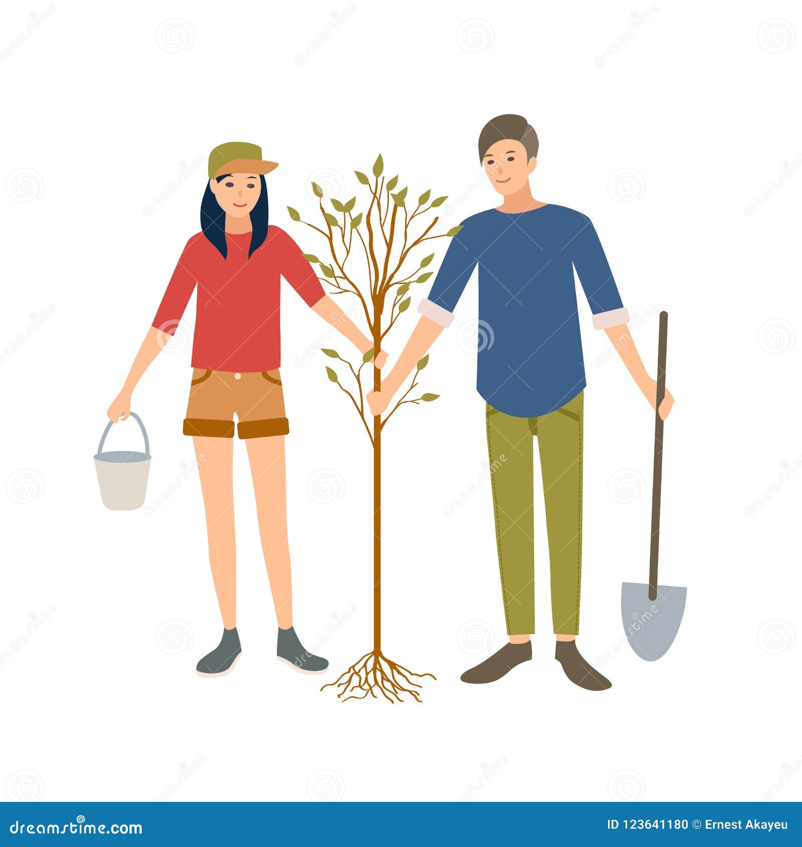 pair of young cheerful male and female volunteers or ecologist planting tree in park together  on white