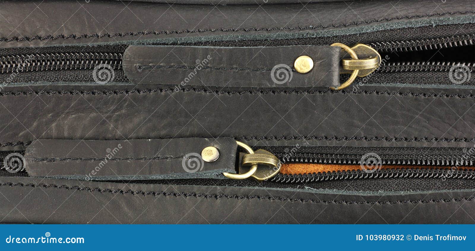 Pair of Zippers on the Black Leather Bag, One Behind Stock Photo ...
