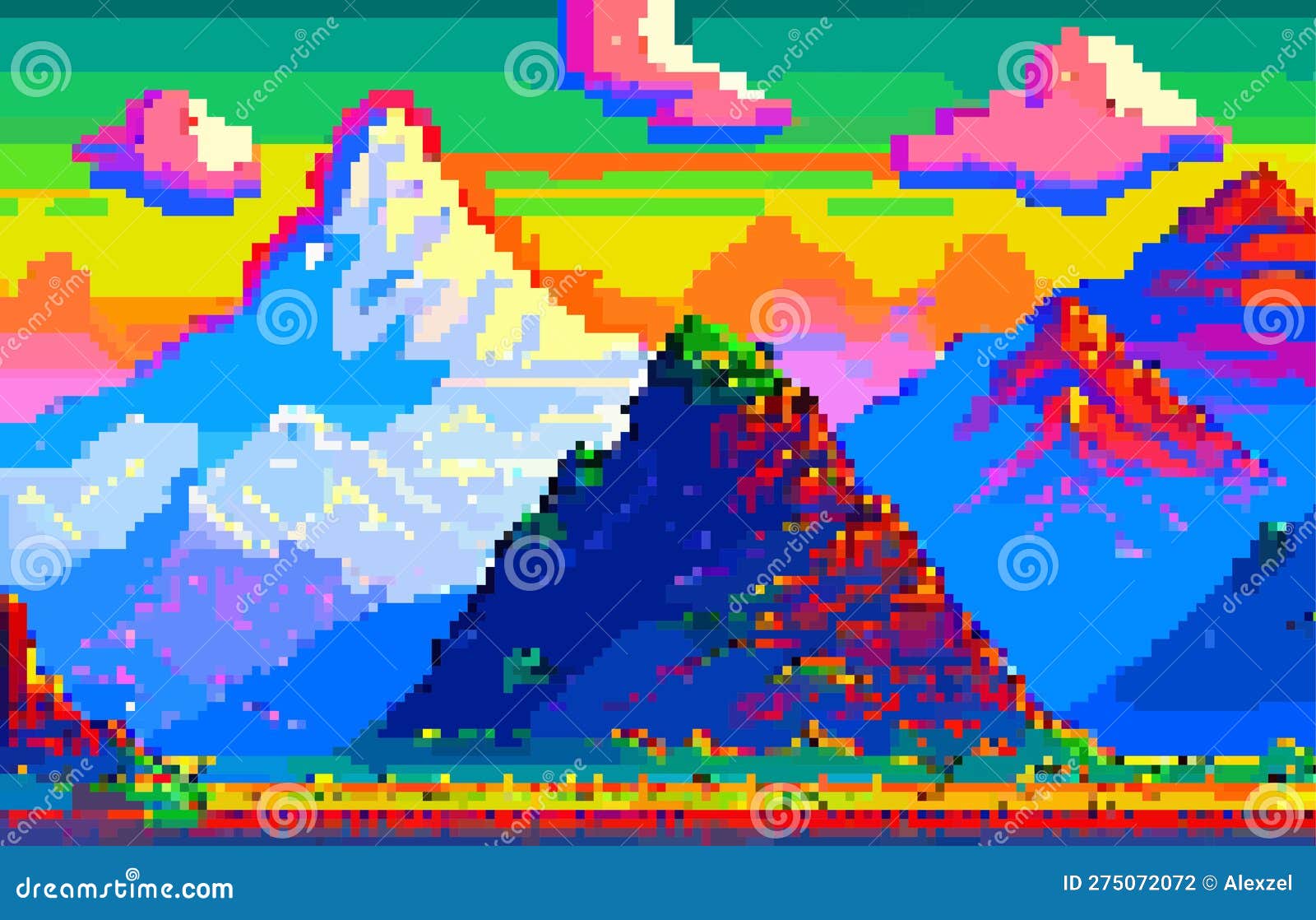 Retrô Do Sol E Da Paisagem Montanhosa No Estilo Pixel Art, 8 Bits