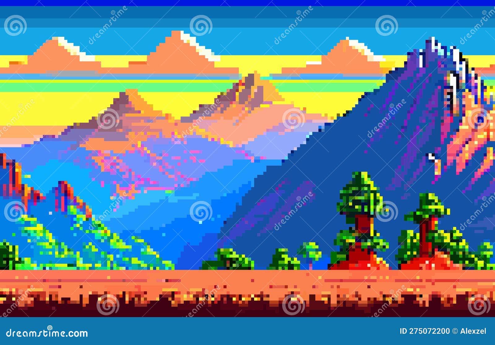 Retrô Do Sol E Da Paisagem Montanhosa No Estilo Pixel Art, 8 Bits