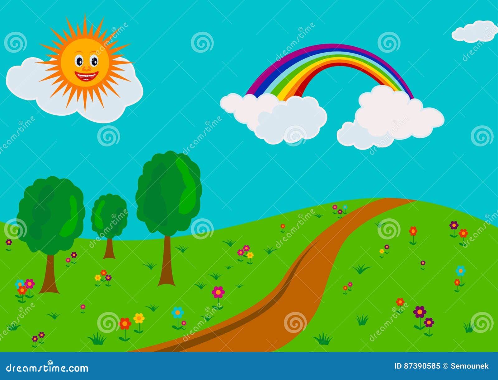 Paisagem com flores e céu com arco-íris