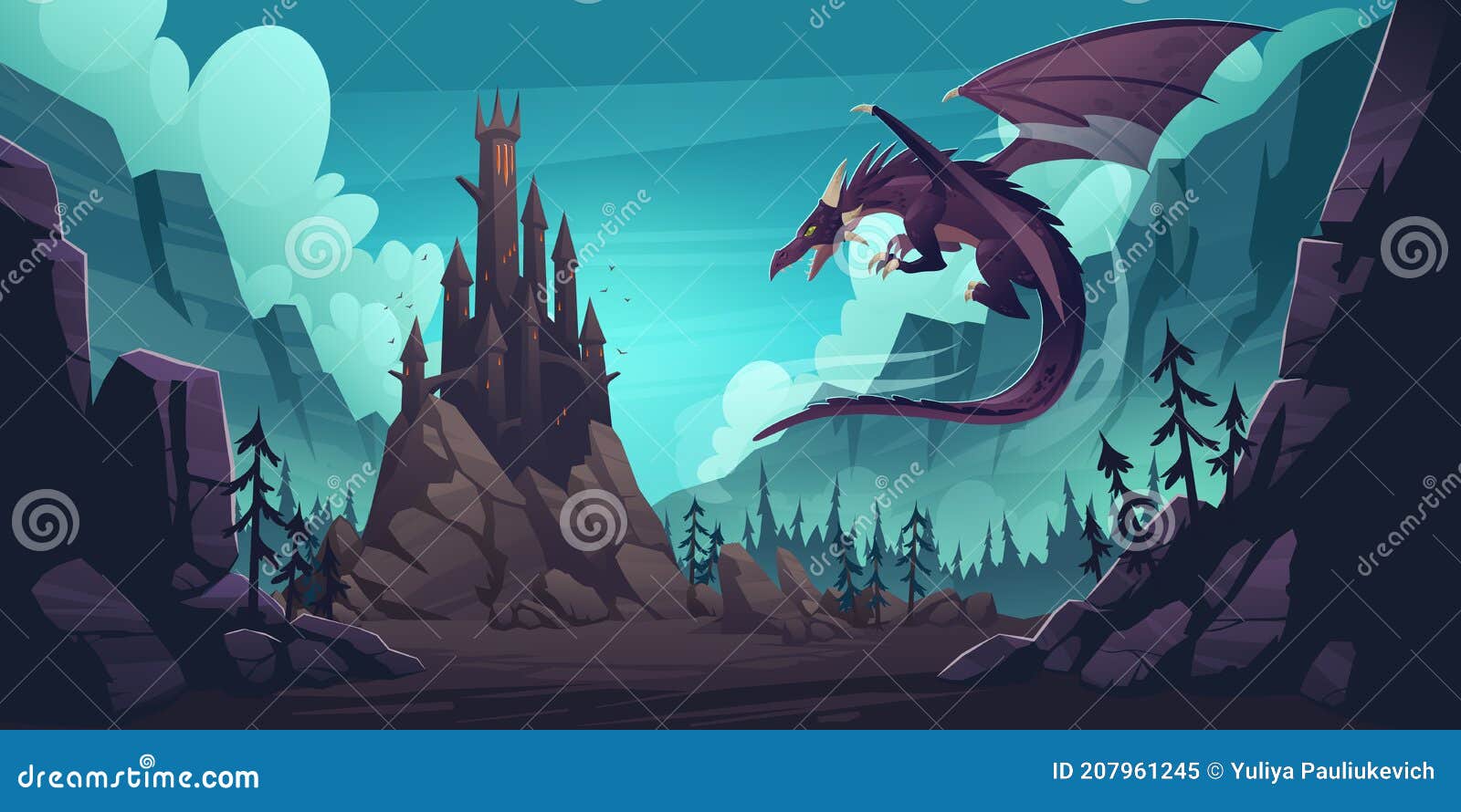 Dragão na página de destino dos desenhos animados de montanhas de