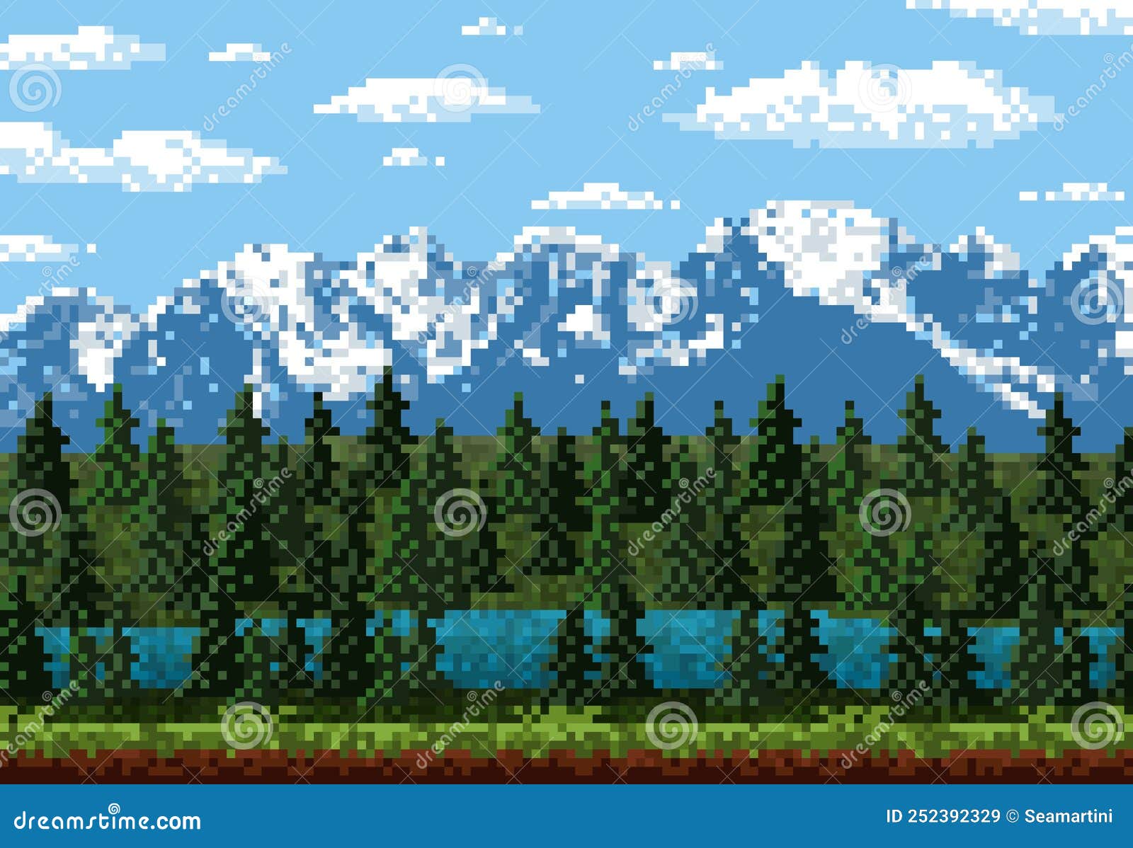 Fundo sem costura de pixel art localização com montanhas nevadas à noite  paisagem para jogo