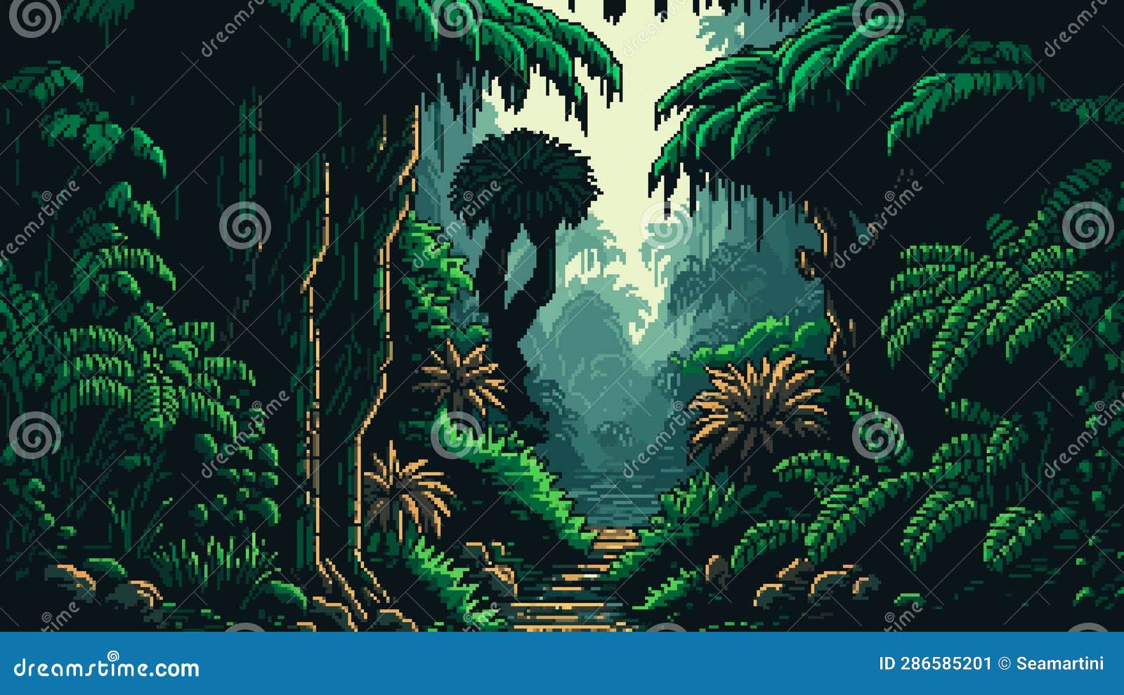 Paisagem de nível de jogo de pixel de 8 bits da floresta da selva