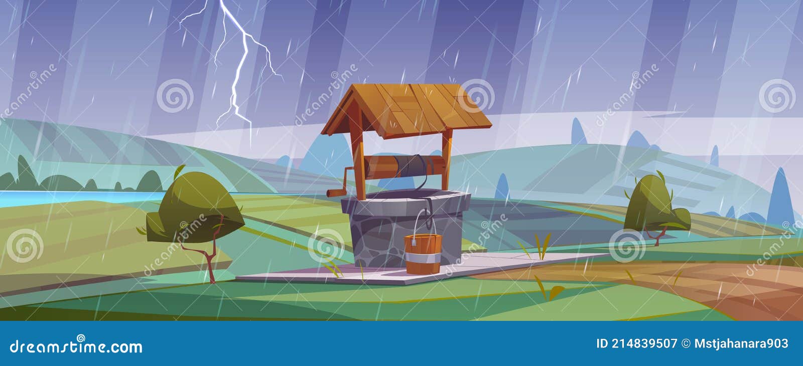 Paisaje De Dibujos Animados Con Pozo De Piedra Y Lluvia. Vector Ilustración del Vector - Ilustración de hierba, ladrillo: 214839507 Paisaje De Dibujos Animados Con Pozo De Piedra Y Lluvia. Vector Ilustración del Vector - Ilustración de hierba, ladrillo: 214839507