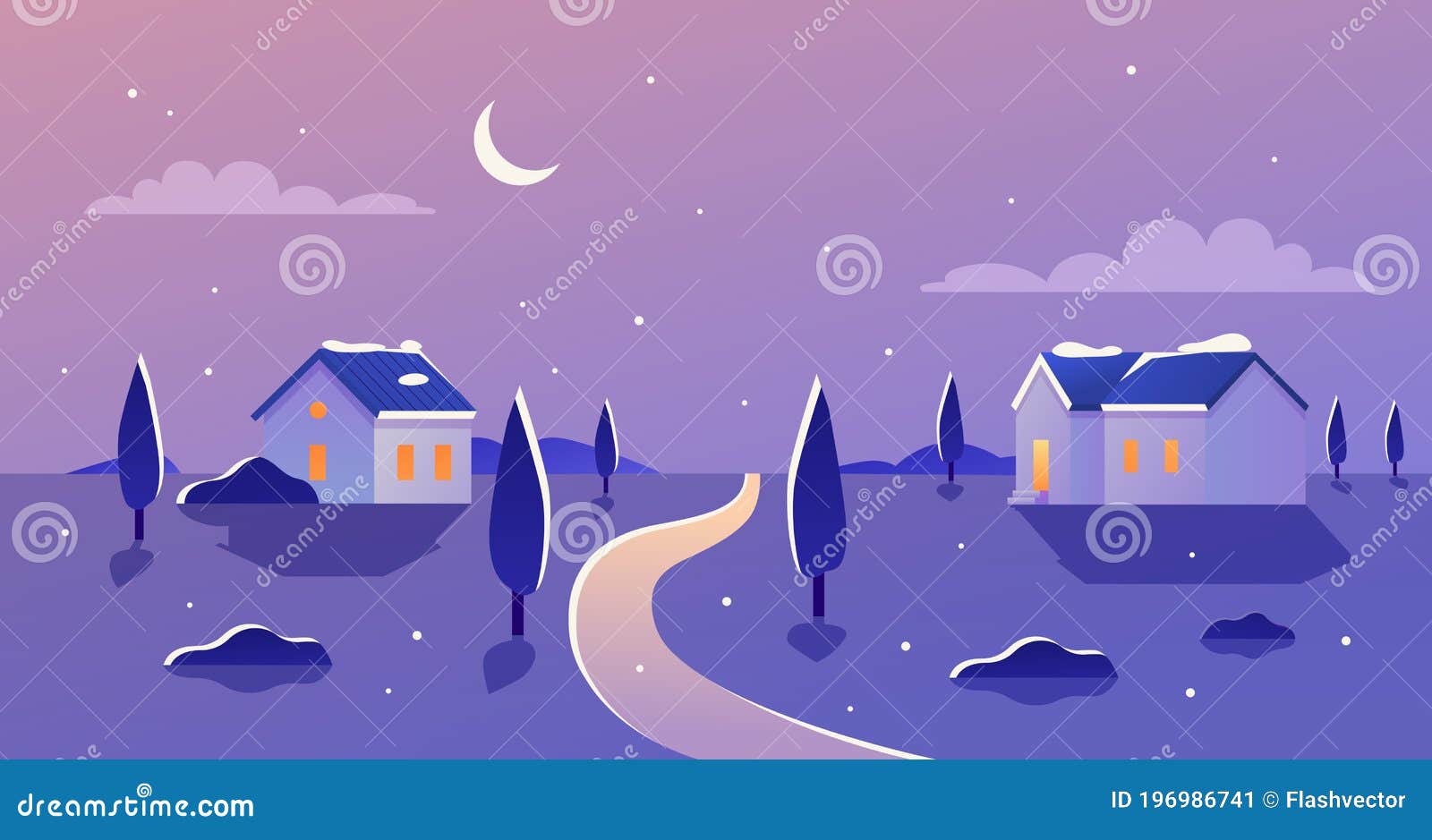 Paisaje De Invierno Por La Noche, Dibujos Animados Paisaje Rural De Nieve,  Casas De Campo Con Luces De Ventana Ilustración del Vector - Ilustración de  nieve, feliz: 196986741