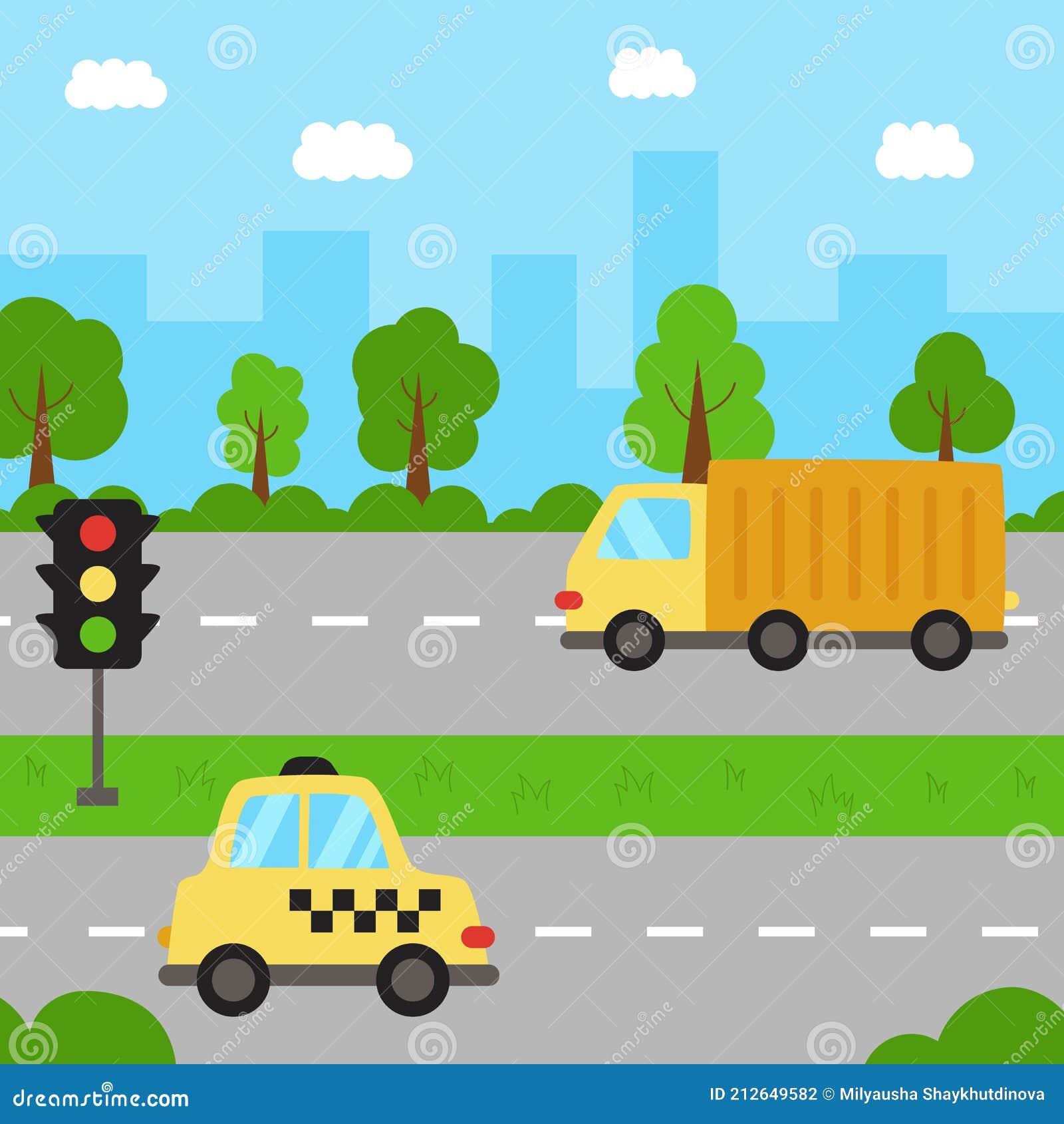 Paisaje De La Ciudad Con El Transporte De Dibujos Animados En Carretera. Ilustración del Vector - Ilustración de cabritos, nube: 212649582 Paisaje De La Ciudad Con El Transporte De Dibujos Animados En Carretera. Ilustración del Vector - Ilustración de cabritos, nube: 212649582