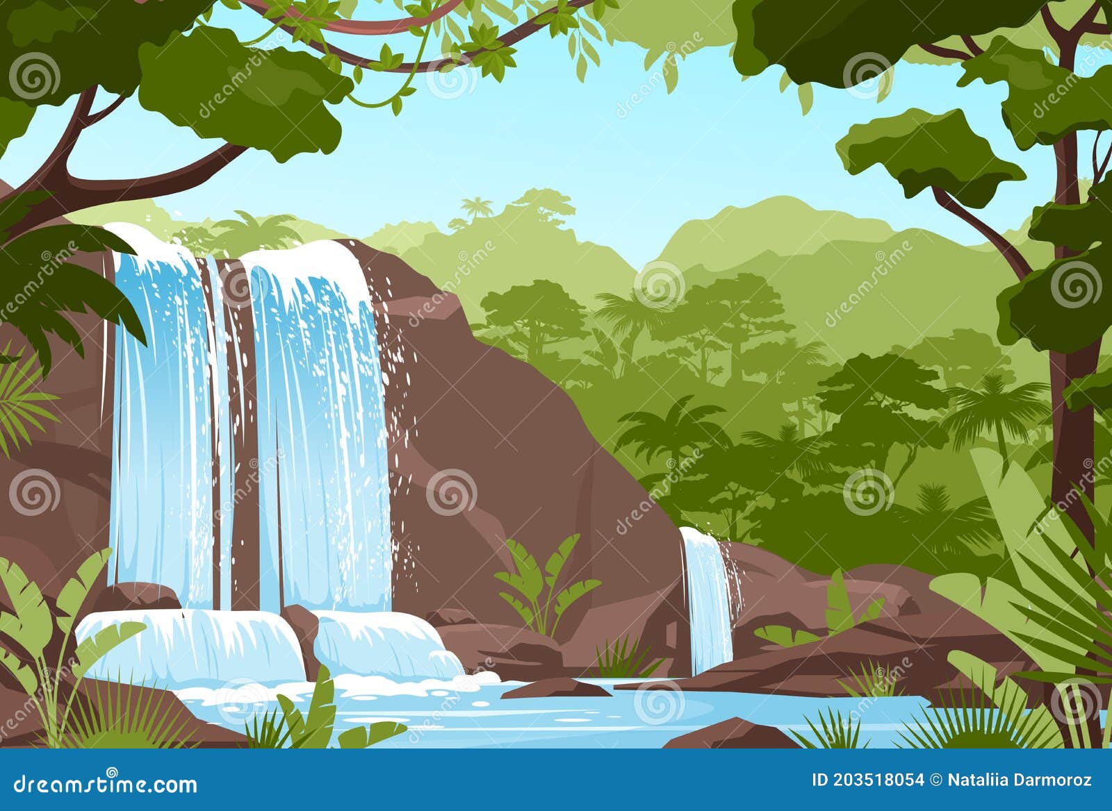 Paisaje De La Selva De Las Cascadas Rocosas Con Ríos De Río Ilustración del  Vector - Ilustración de cubo, verde: 203518054