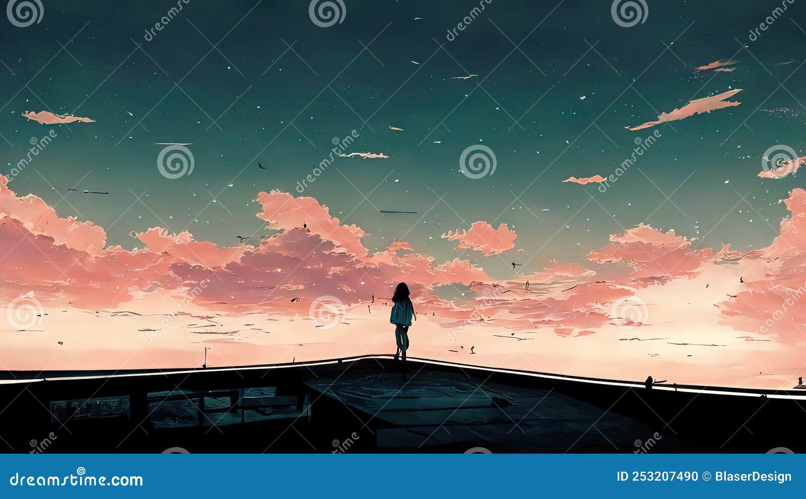 Paisaje De Manga Anime Al Atardecer 4k Moody Lofi Fondo Abstracto. Triste Y  Hermosa Obra De Arte Con Nubes Y Campos Rosas. Stock de ilustración -  Ilustración de hermoso, rosa: 253207490