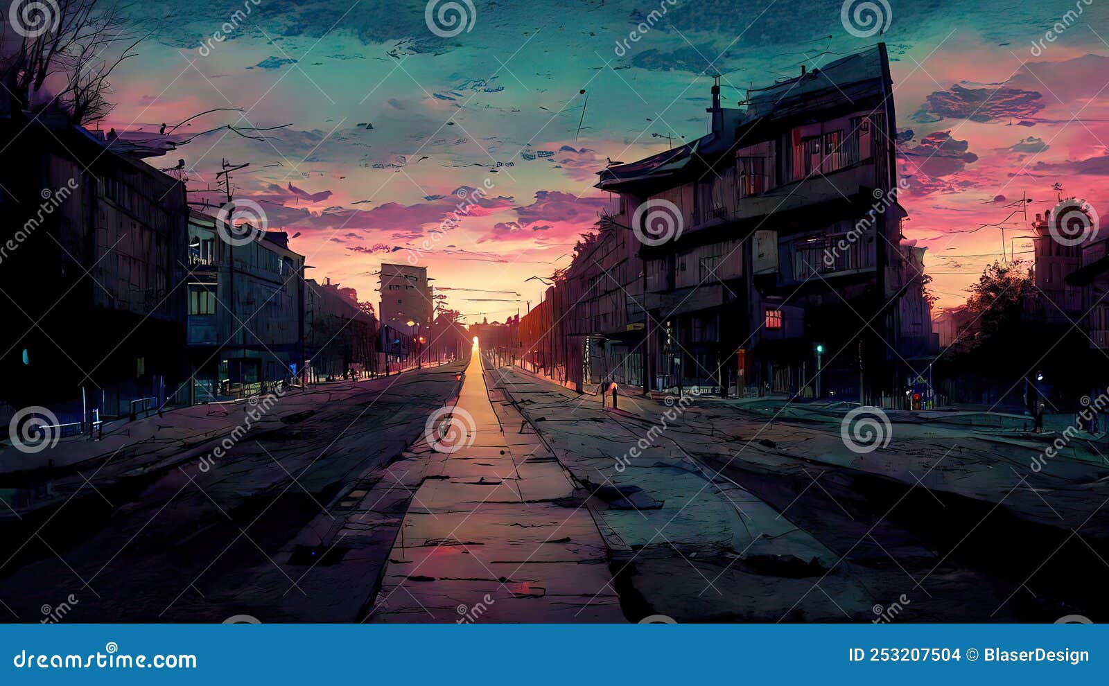 Paisaje De Manga Anime Al Atardecer 4k Moody Lofi Fondo Abstracto. Triste Y  Hermosa Obra De Arte Con Nubes Y Campos Rosas. Stock de ilustración -  Ilustración de mural, oscuridad: 253207504