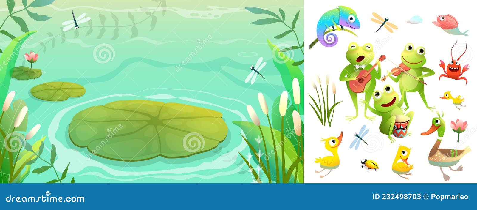 Paisaje De Pantanos O Estanques Con Dibujos Animados De Animales  Ilustración del Vector - Ilustración de planta, cabritos: 232498703