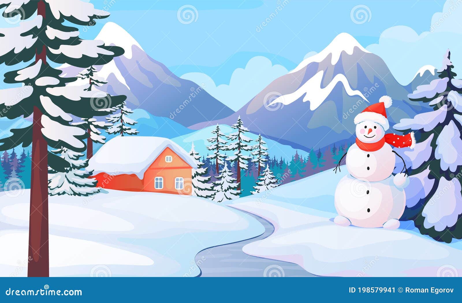Paisaje De Snowman Invernal Casa En Un Valle De Montaña Nevado Fondo De Dibujos  Animados Con Deriva De Nieve Y Escultura De Hielo Ilustración del Vector -  Ilustración de nevadas, lindo: 198579941