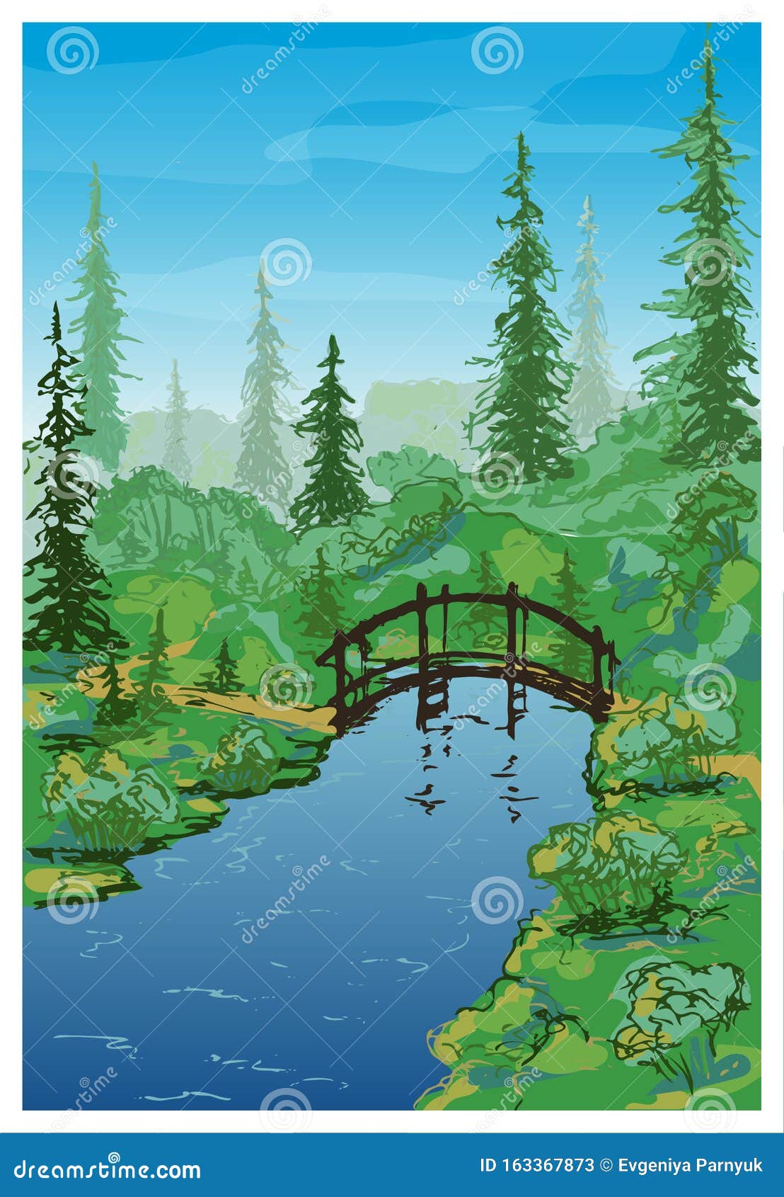 Paisaje Forestal Vectorial Con Un Puente De Madera Sobre Un Arroyo  Ilustración del Vector - Ilustración de cartel, ilustraciones: 163367873