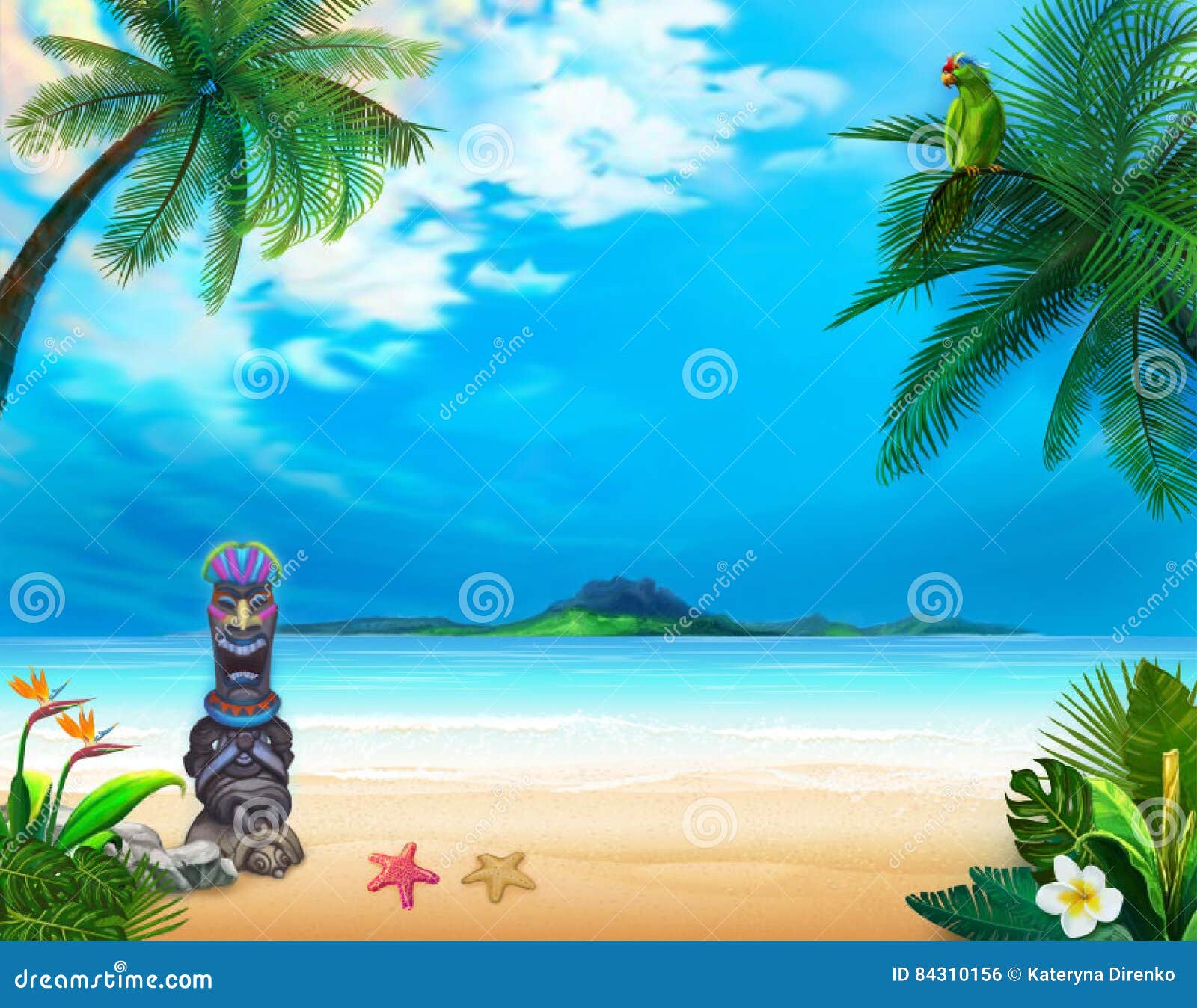 Paisaje Hawaiano Con Dios Divertido Y El Loro Verde Stock de ilustración -  Ilustración de hawai, palma: 84310156