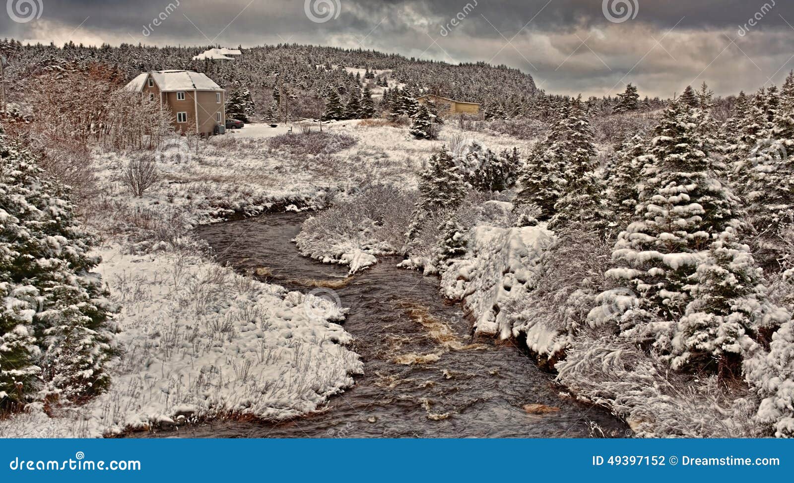 Paisaje hivernal en Avalon Peninsula en Terranova, Canadá. Las nevadas a lo largo de la cala ejercen la actividad bancaria con la cabina rústica en bosque en Avalon Peninsula en Terranova, Canadá en día cubierto