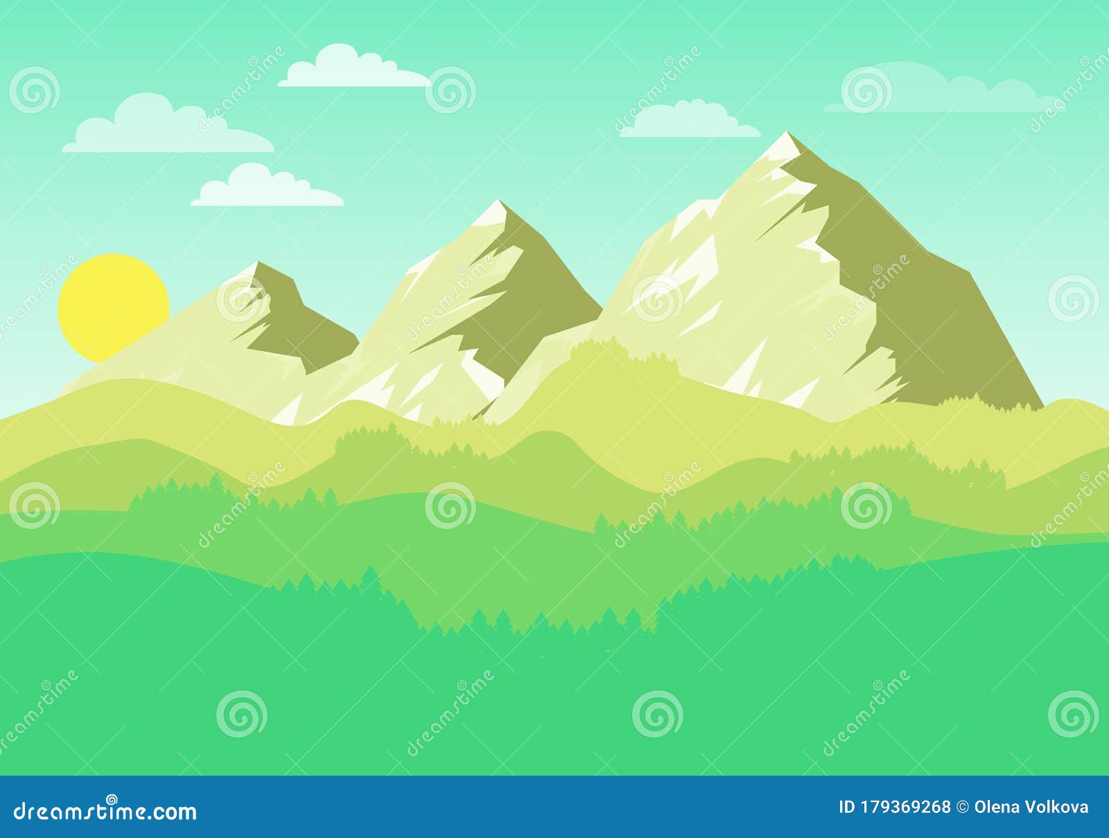 Paisaje Montañoso Al Amanecer. Paisaje Montañoso Realista Con Sol Naciente Y Nubes. Ilustración De Dibujos Animados Vectoriales. Ilustración del Vector - Ilustración de ambiente, farmland: 179369268 Paisaje Montañoso Al Amanecer. Paisaje Montañoso Realista Con Sol Naciente Y Nubes. Ilustración De Dibujos Animados Vectoriales. Ilustración del Vector - Ilustración de ambiente, farmland: 179369268