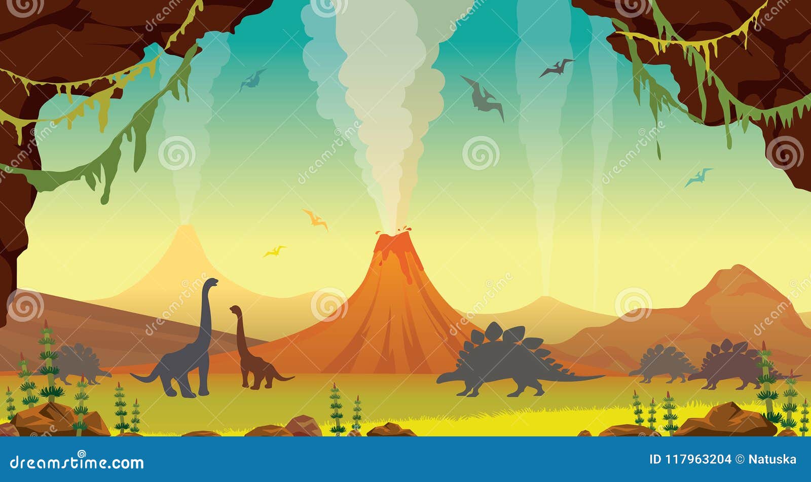 Paisaje Prehistórico Con La Cueva, Los Dinosaurios Y Los Volcanes Stock de ilustración - Ilustración de estegosaurio, hierba: 117963204 Paisaje Prehistórico Con La Cueva, Los Dinosaurios Y Los Volcanes Stock de ilustración - Ilustración de estegosaurio, hierba: 117963204