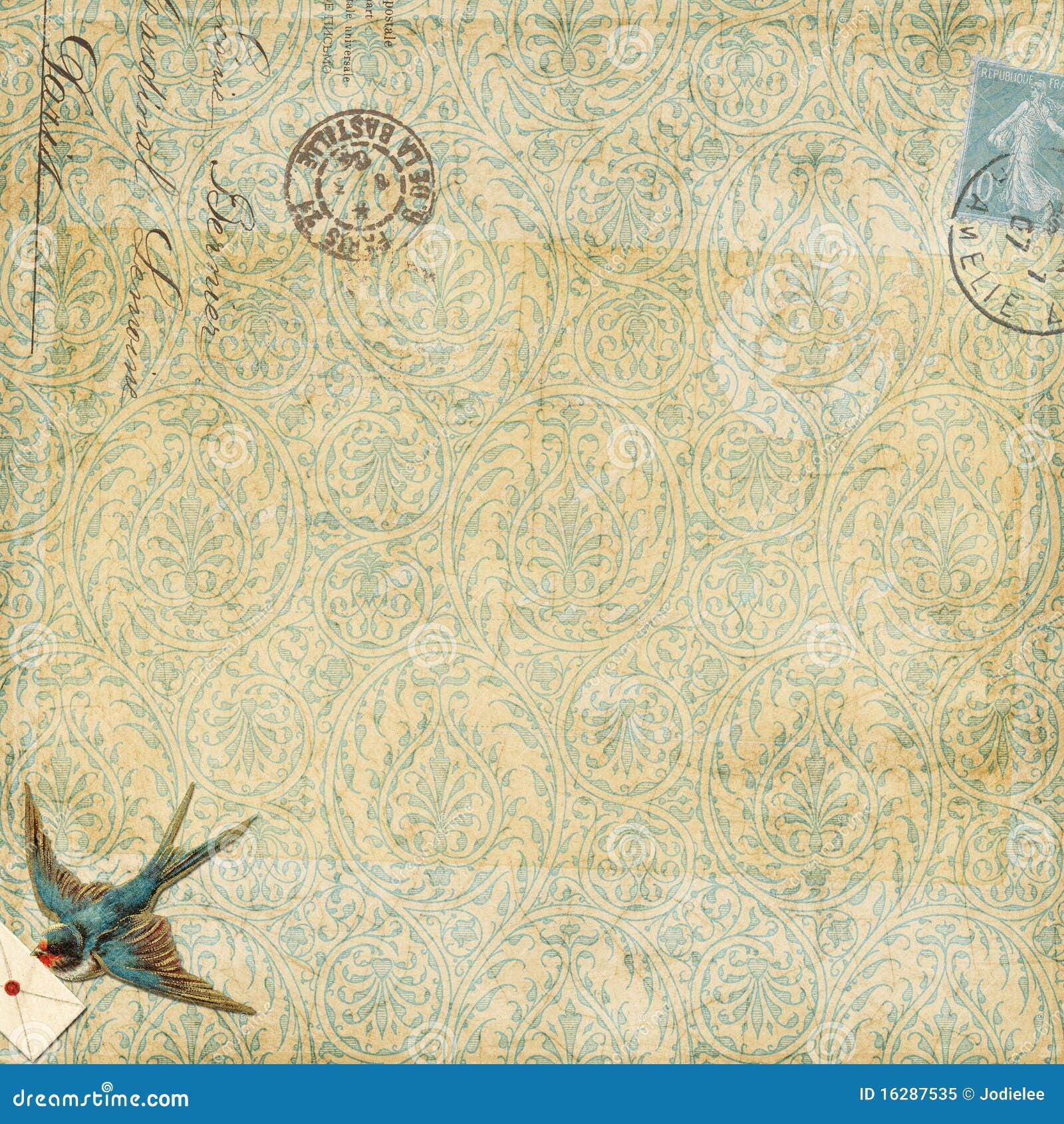 Paisley Background Vintage Blue Bird With Letter Stock Image