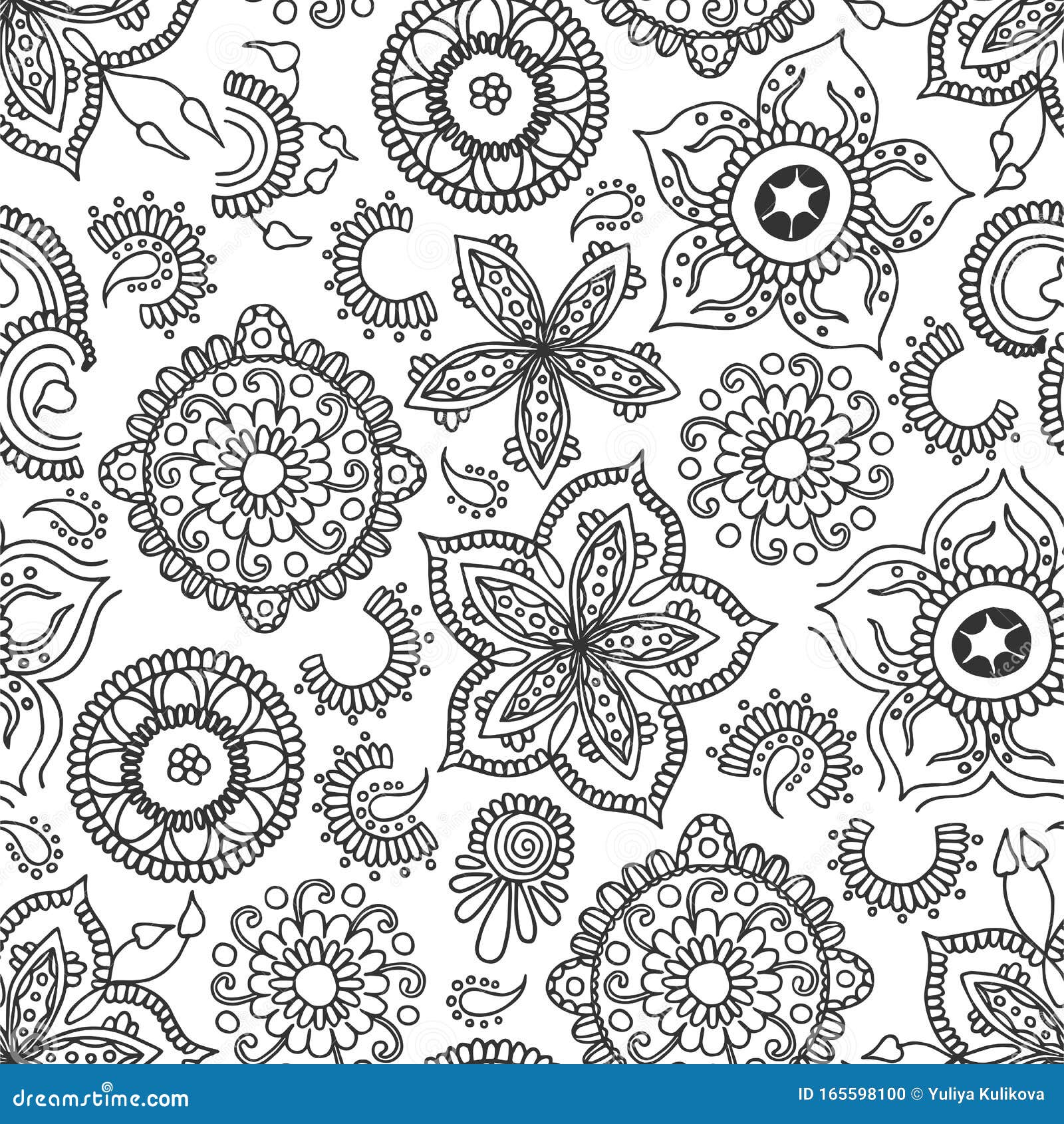 Paisley Flowers Doodle Seamless Pattern. Stock Vector - Illustration of ...