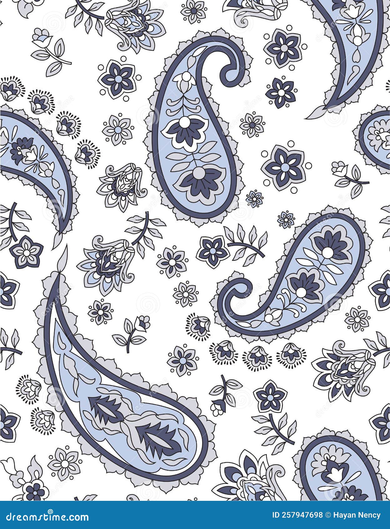 Seamless Indian Traditional Paisley Pattern on White Background