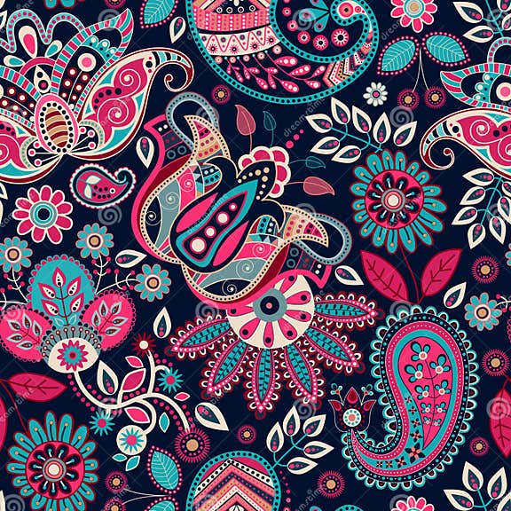 Paisley Seamless Pattern. Colorful Flowers Wallpaper. Pink Stylized ...