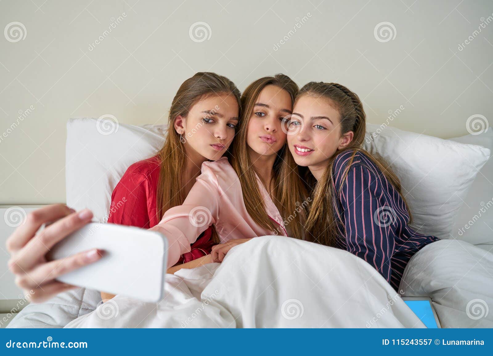 Pajama Party Best Friend Girls Selfie at Bed Stock Image - Image of ...