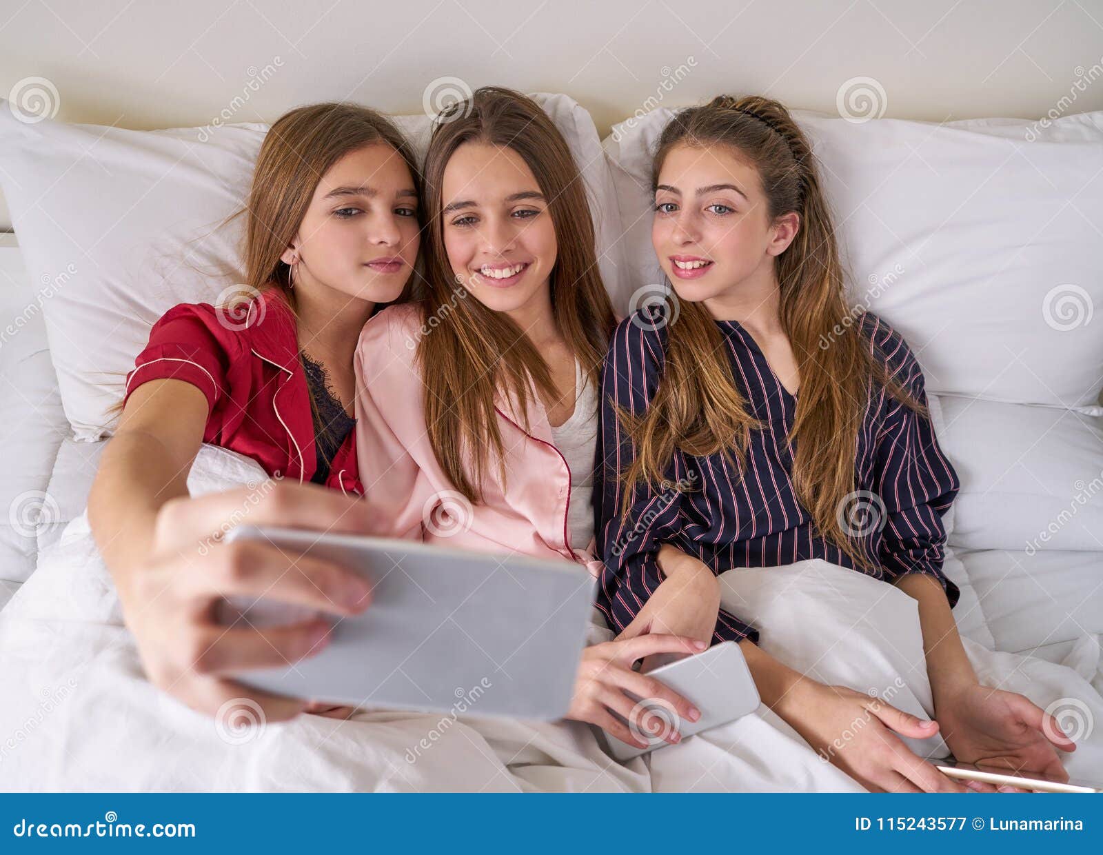 Pajama Party Best Friend Girls Selfie At Bed Stock Image Image Of