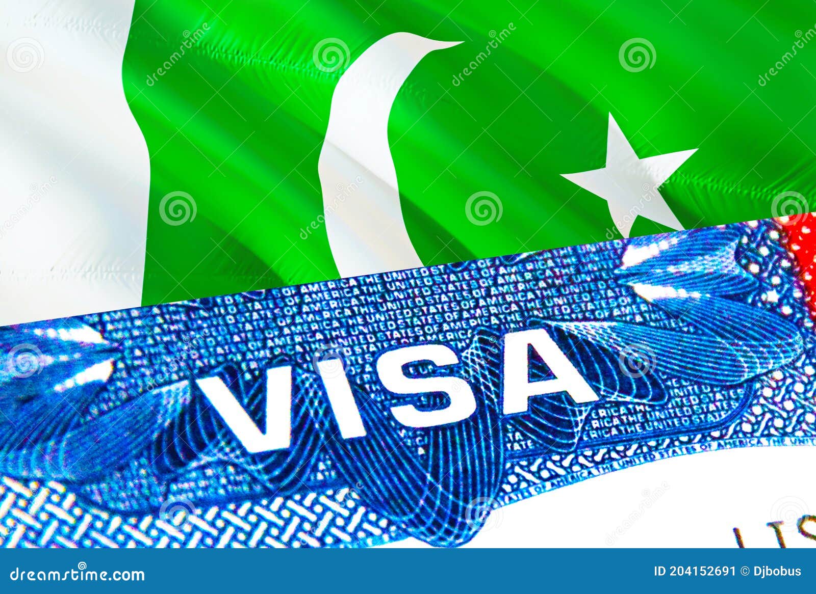 Pakistan Visa. Travel to Pakistan focusing on word VISA, 3D rendering. Pakistan immigrate concept with visa in passport. Pakistan tourism entrance in passport. Visa USA stamp citizenship. USA