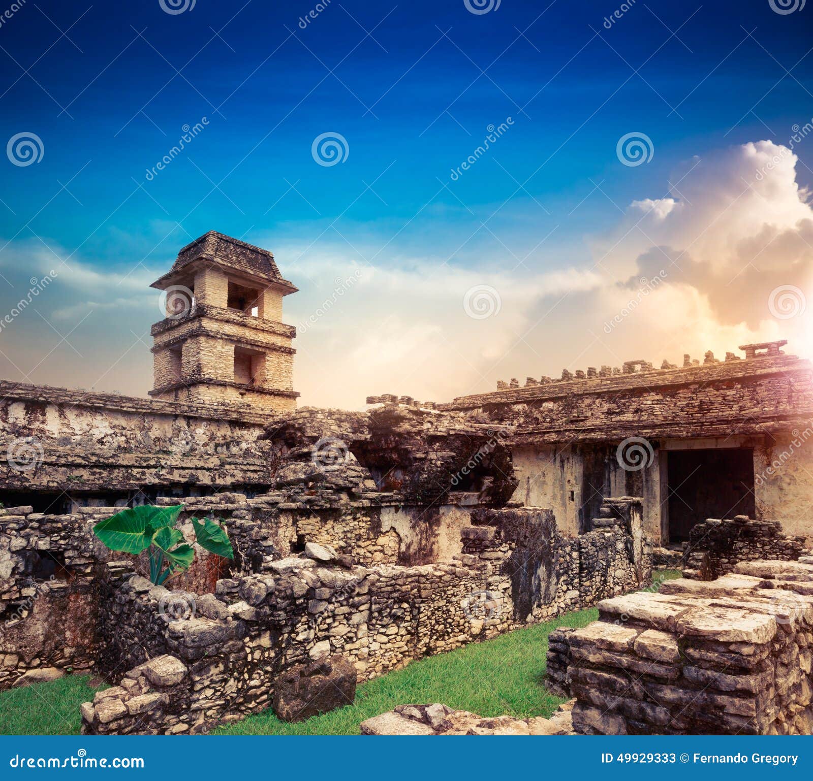 the palace observation tower in palenque, maya city in chiapas, mexico
